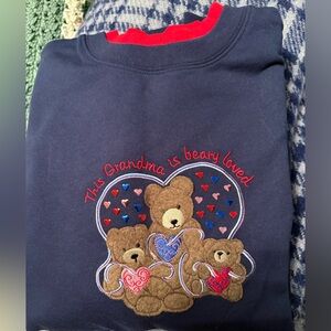 Navy Blue Grandma Sweatshirt with Bear Embroidery